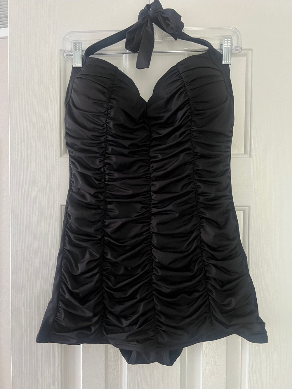Black Ruched Halter Swimdress with Sweetheart Neckline